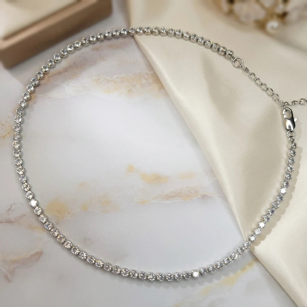White Rhodium Plated Tennis Bezel Zirconia Necklace 40cm