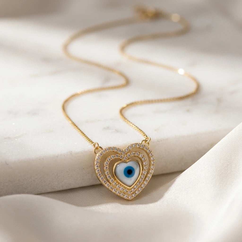 Evil Eye Studded Zirconia Heart Shape Necklace - 18K Gold Plated