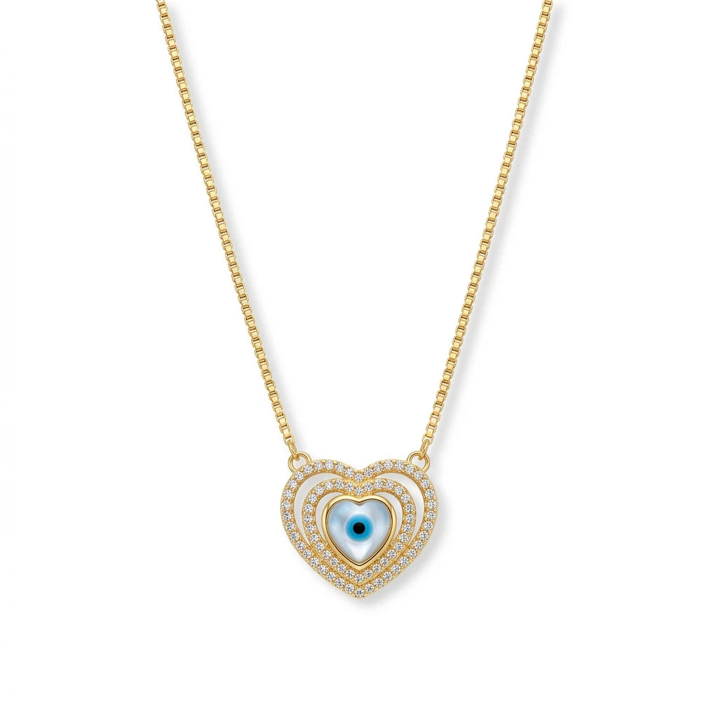 Evil Eye Studded Zirconia Heart Shape Necklace - 18K Gold Plated