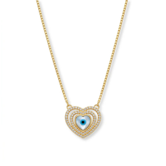 Evil Eye Studded Zirconia Heart Shape Necklace - 18K Gold Plated