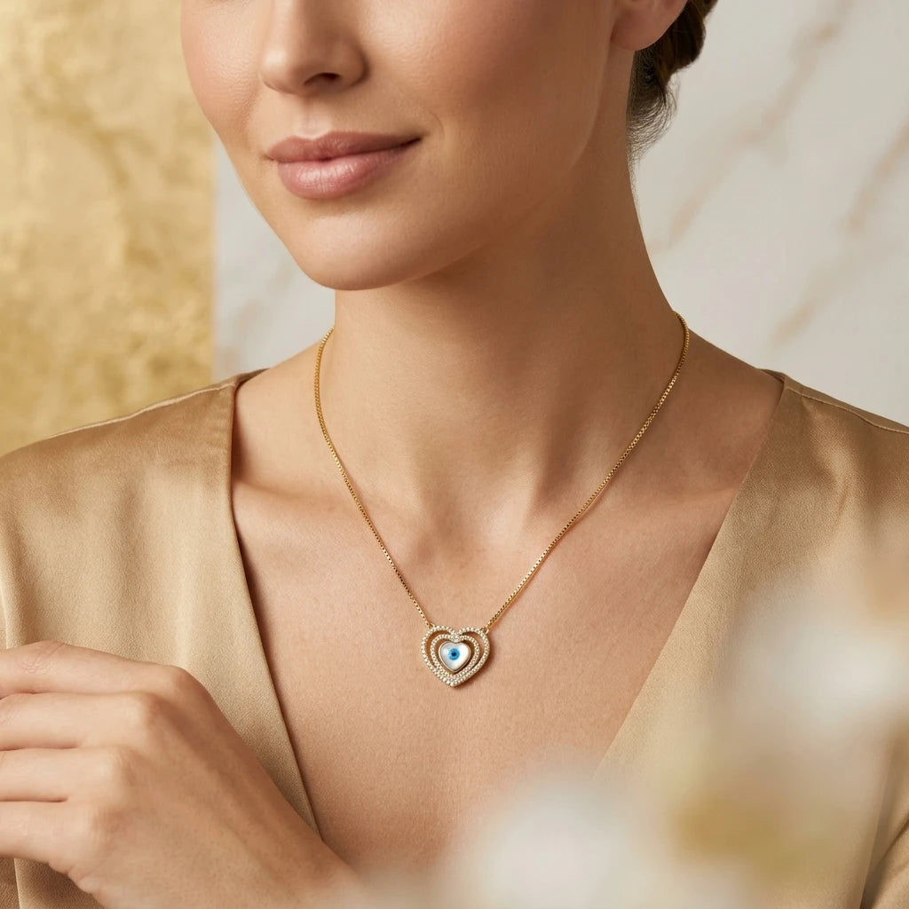 Evil Eye Studded Zirconia Heart Shape Necklace - 18K Gold Plated