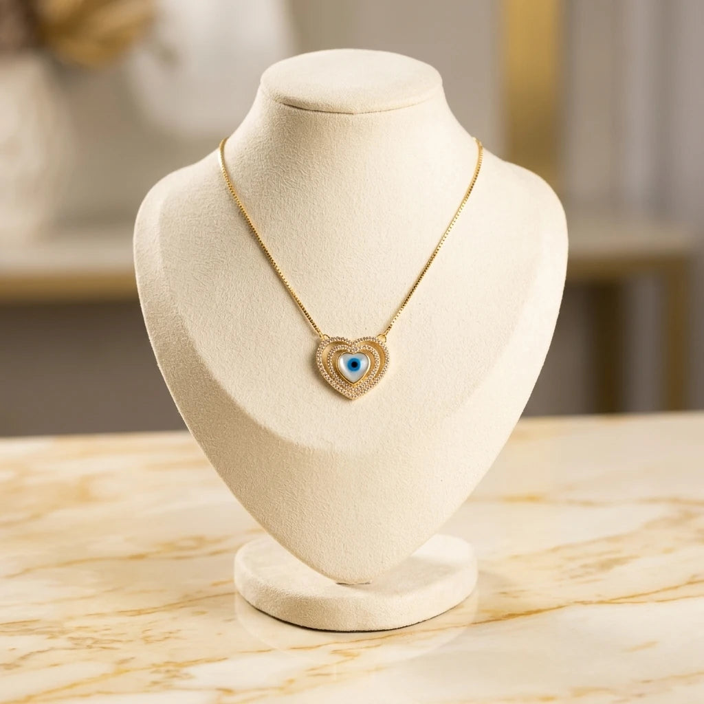 Evil Eye Studded Zirconia Heart Shape Necklace - 18K Gold Plated