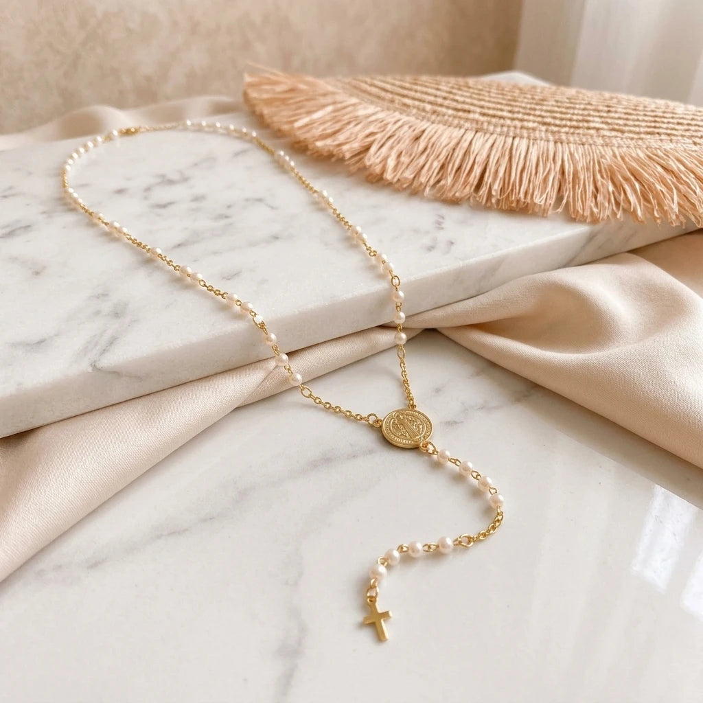 Small Cross Catholic Rosary Necklace - 18K Gold Plated