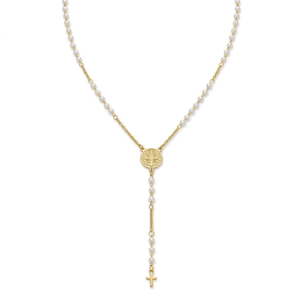 Small Cross Catholic Rosary Necklace - 18K Gold Plated