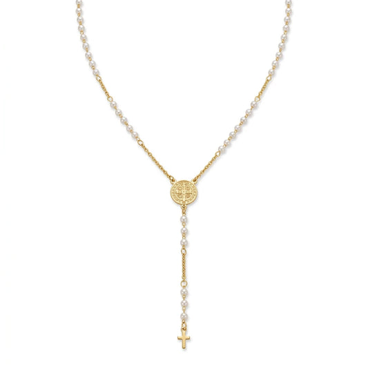 Small Cross Catholic Rosary Necklace - 18K Gold Plated