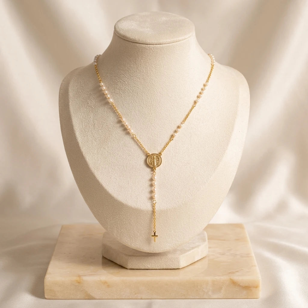 Small Cross Catholic Rosary Necklace - 18K Gold Plated