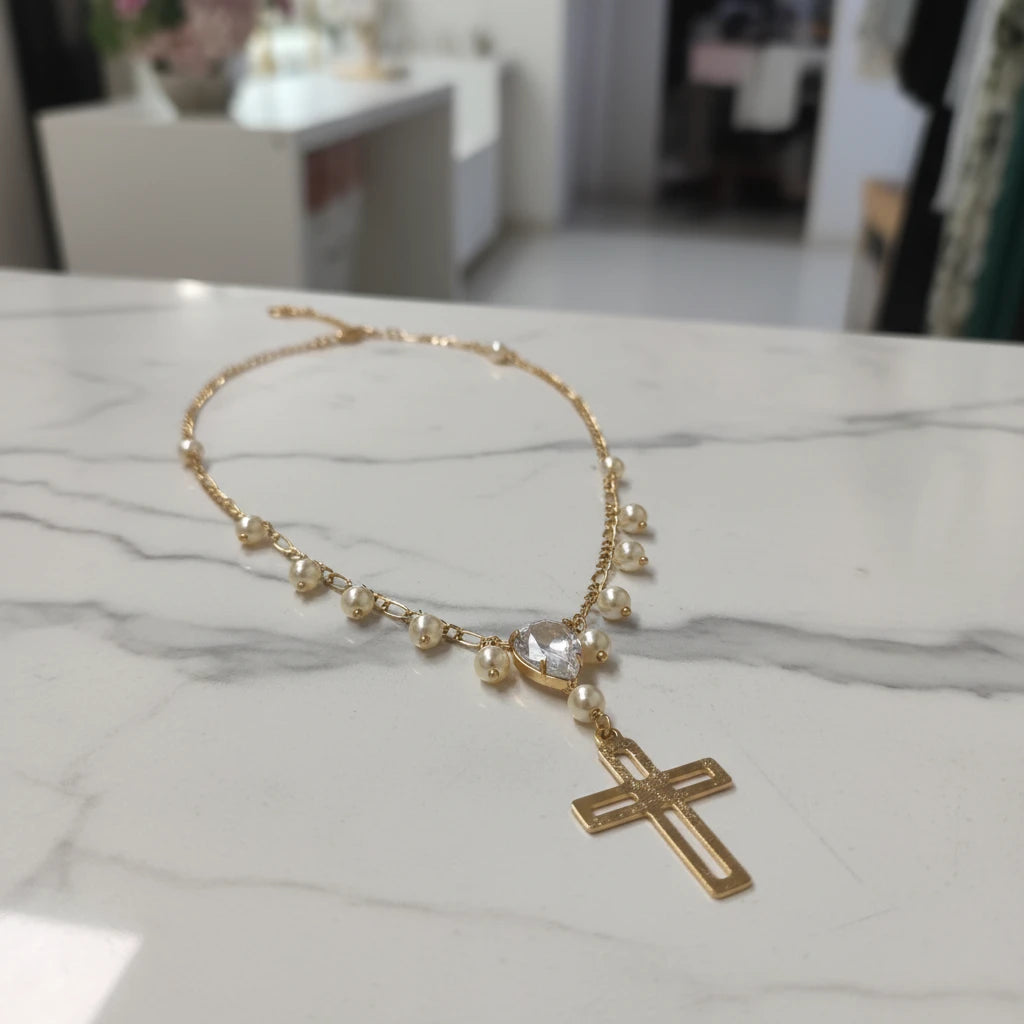 Religious Pearls, Teardrop Stone and Cross Pendant Necklace - 18K Gold Plated