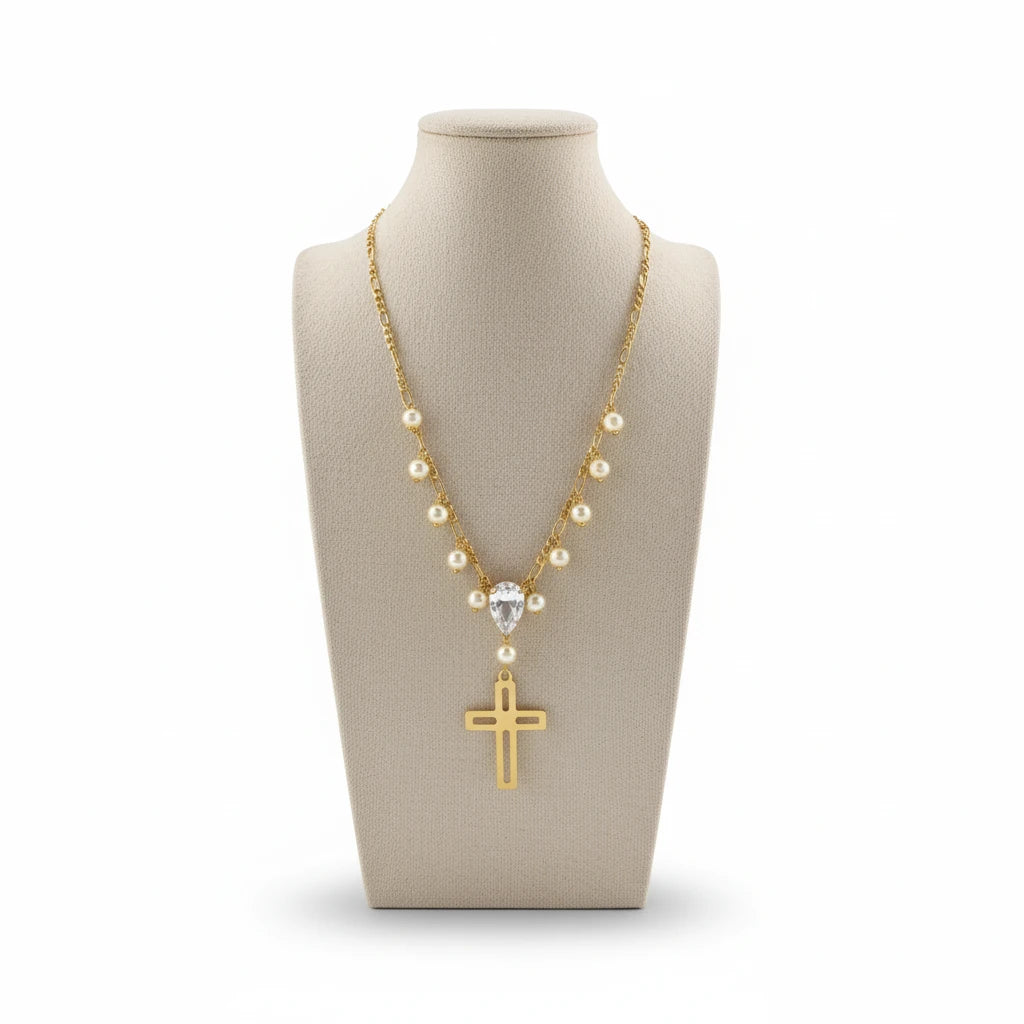Religious Pearls, Teardrop Stone and Cross Pendant Necklace - 18K Gold Plated