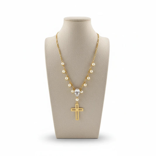 Religious Pearls, Teardrop Stone and Cross Pendant Necklace - 18K Gold Plated