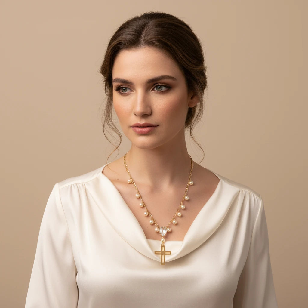 Religious Pearls, Teardrop Stone and Cross Pendant Necklace - 18K Gold Plated