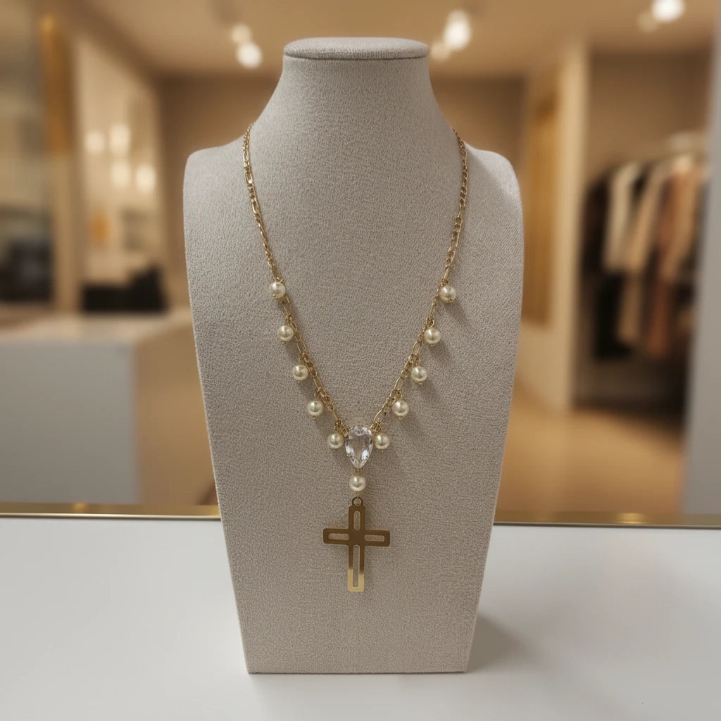Religious Pearls, Teardrop Stone and Cross Pendant Necklace - 18K Gold Plated