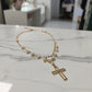 Religious Pearls, Teardrop Stone and Cross Pendant Necklace - 18K Gold Plated