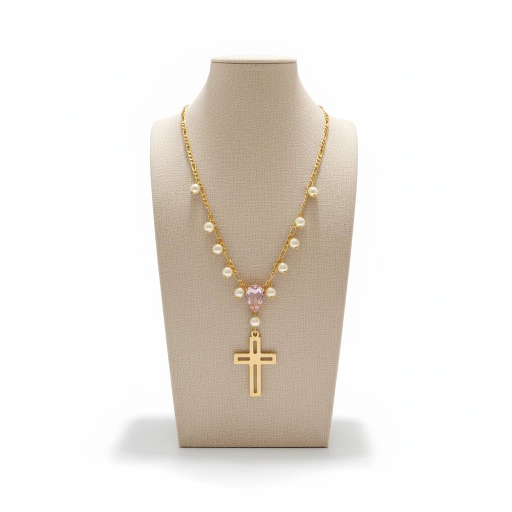 Religious Pearls, Teardrop Stone and Cross Pendant Necklace - 18K Gold Plated