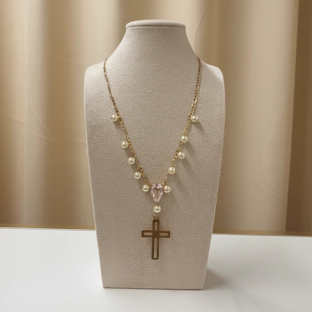 Religious Pearls, Teardrop Stone and Cross Pendant Necklace - 18K Gold Plated