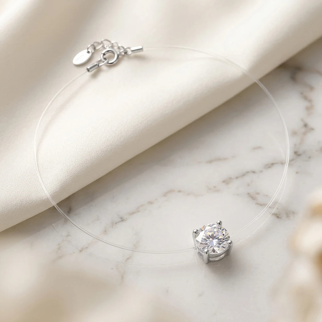 Round Cubic Zirconia in Nylon Necklace - White Rhodium Plated
