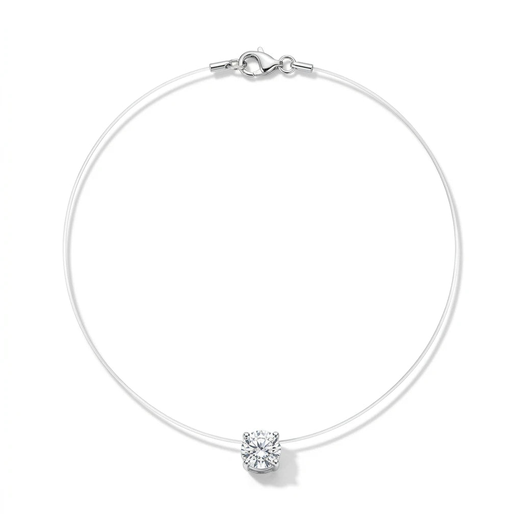 Round Cubic Zirconia in Nylon Necklace - White Rhodium Plated