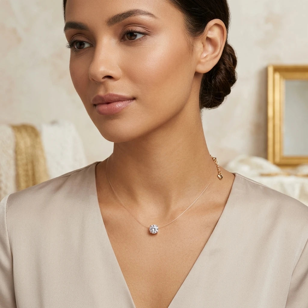 Round Cubic Zirconia in Nylon Necklace - White Rhodium Plated