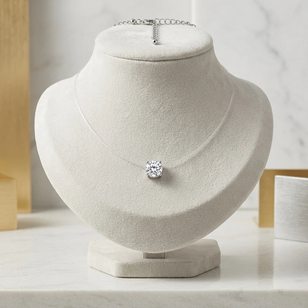 Round Cubic Zirconia in Nylon Necklace - White Rhodium Plated