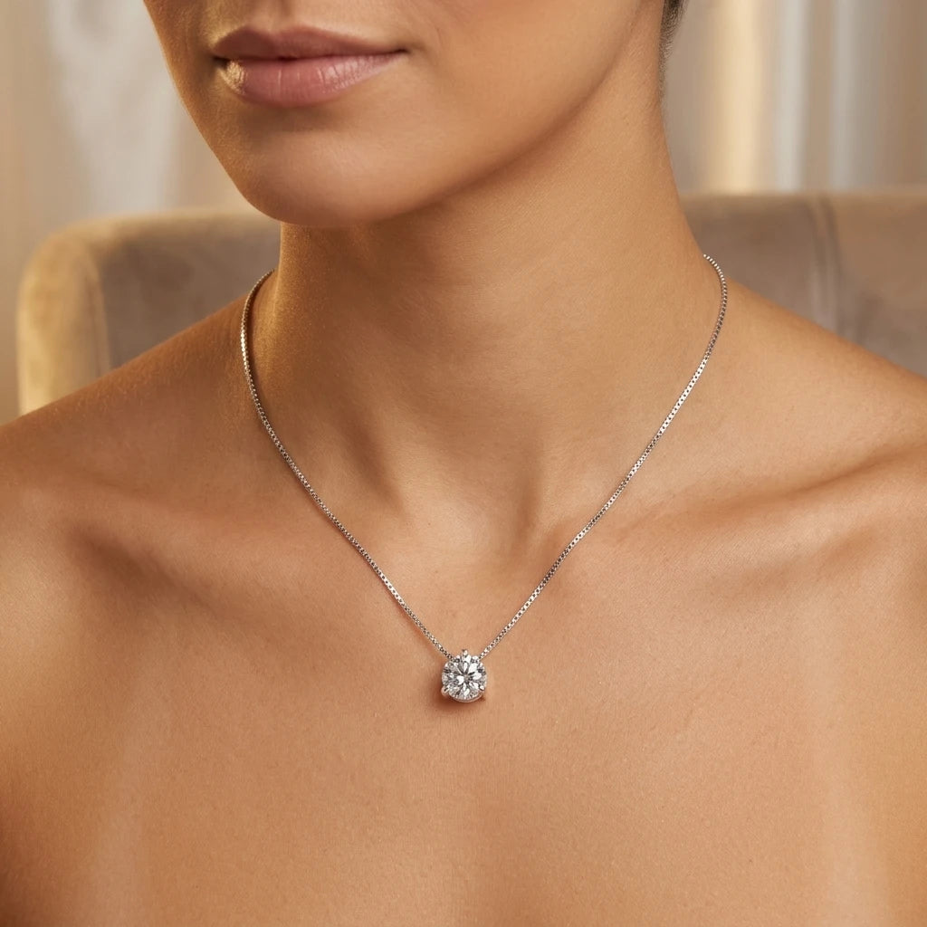 Round Cubic Zirconia Necklace - White Rhodium Plated