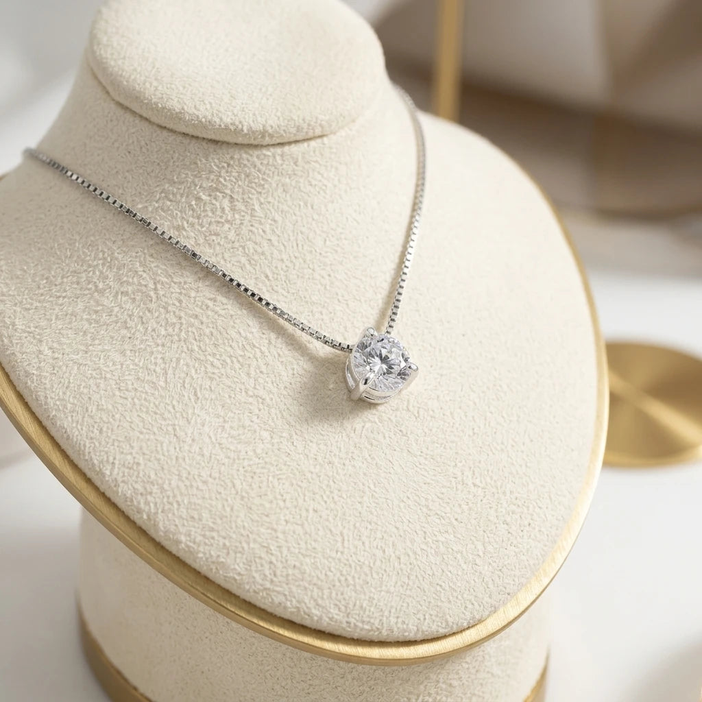 Round Cubic Zirconia Necklace - White Rhodium Plated