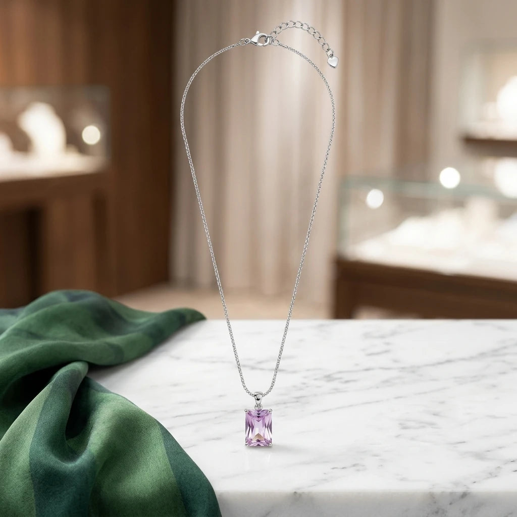 Rectangle-cut Cubic Zirconia Necklace - White Rhodium Plated