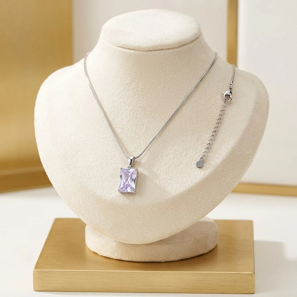 Rectangle-cut Cubic Zirconia Necklace - White Rhodium Plated