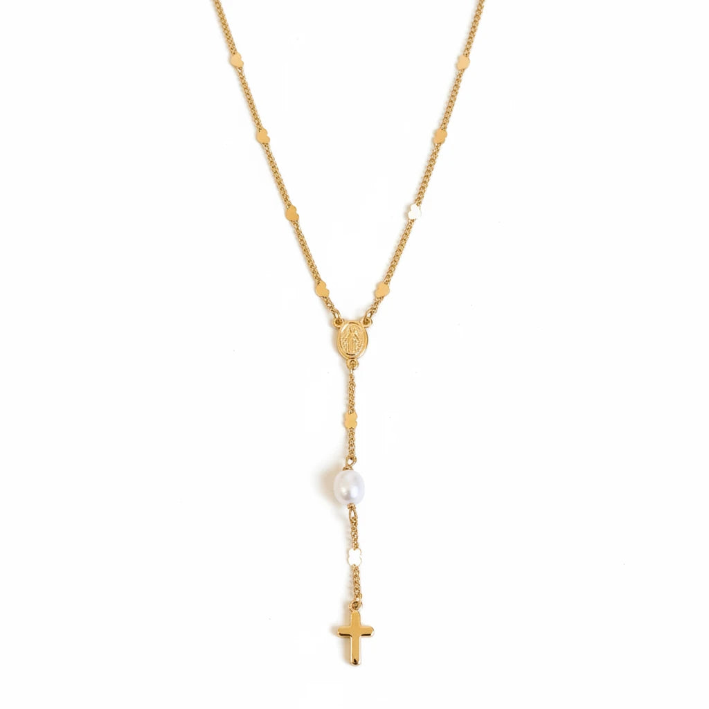 Small Cross Catholic Rosary Necklace - 18K Gold Plated