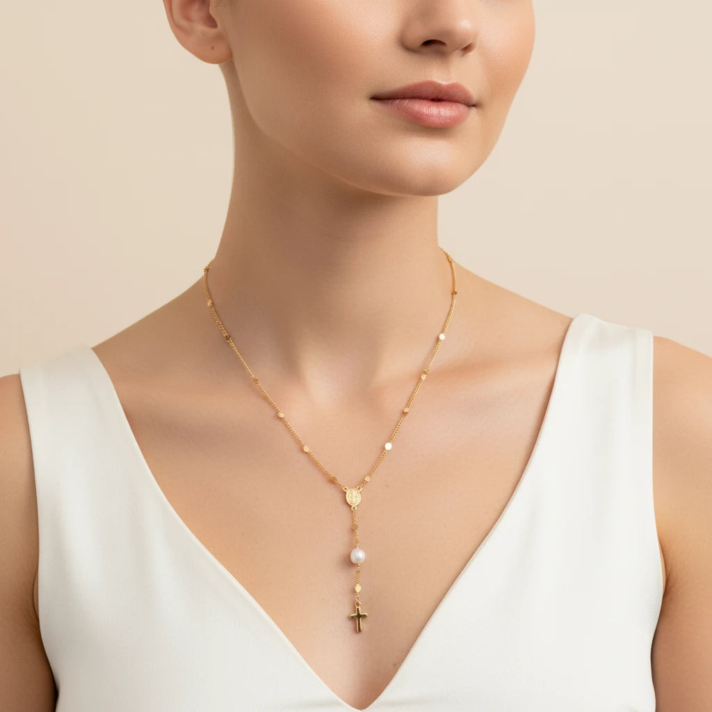 Small Cross Catholic Rosary Necklace - 18K Gold Plated