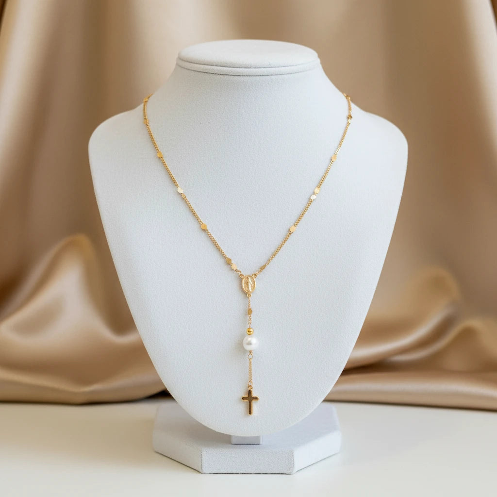 Small Cross Catholic Rosary Necklace - 18K Gold Plated
