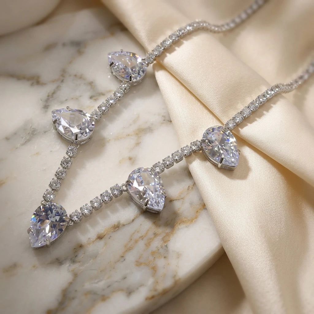 White Rhodium Plated Tennis 5 Zirconia Drops Necklace