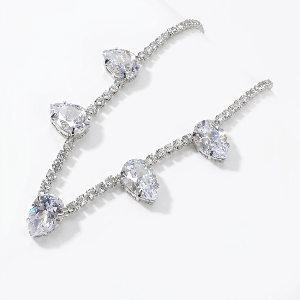 White Rhodium Plated Tennis 5 Zirconia Drops Necklace