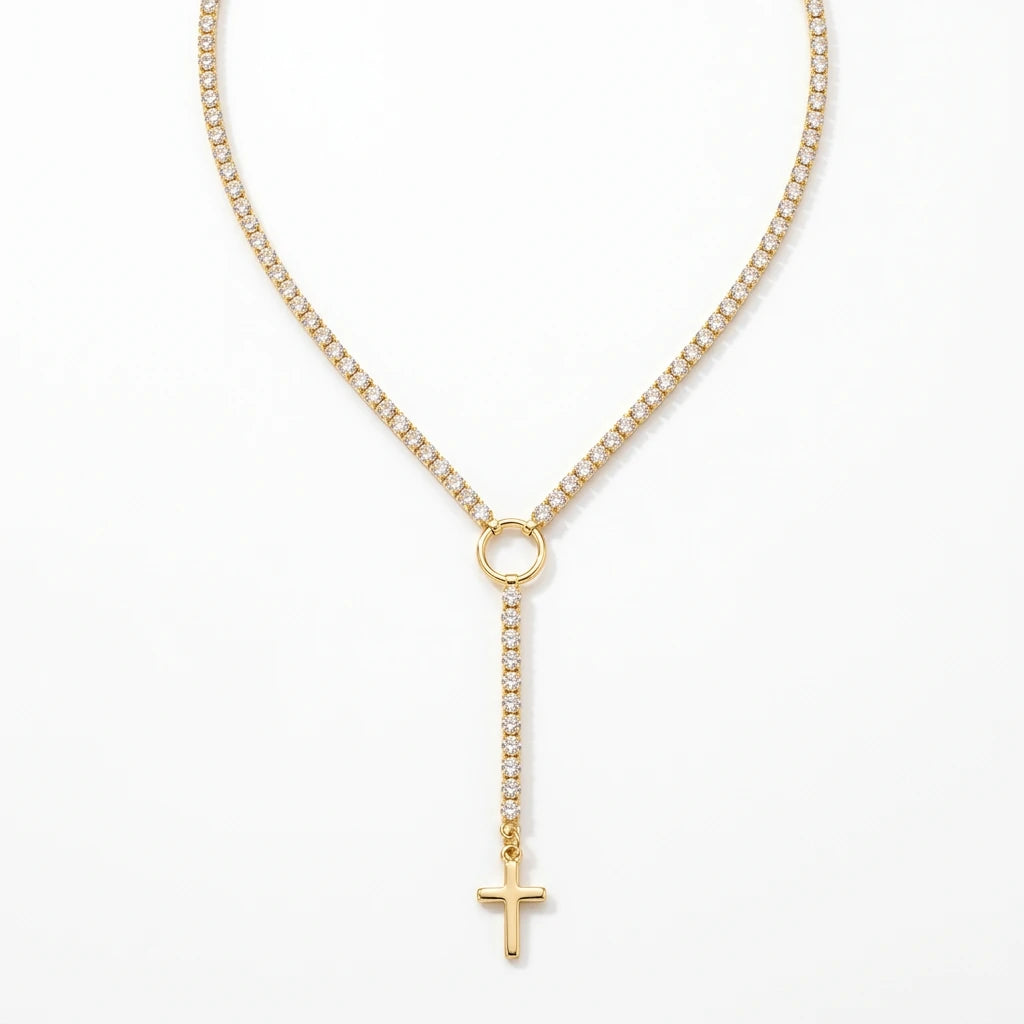 Small Cross Catholic in Tennis Necklace - 18K Gold Plated