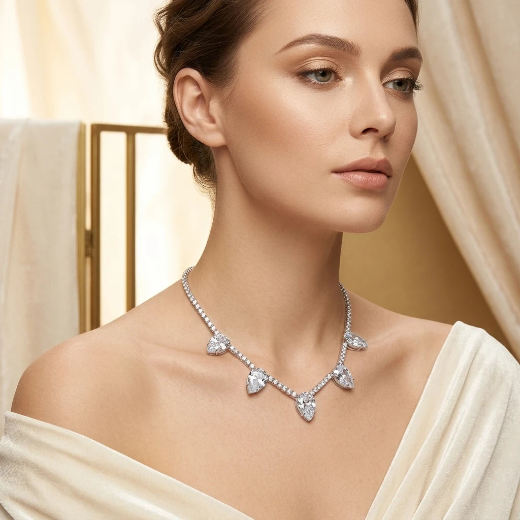 White Rhodium Plated Tennis 5 Zirconia Drops Necklace