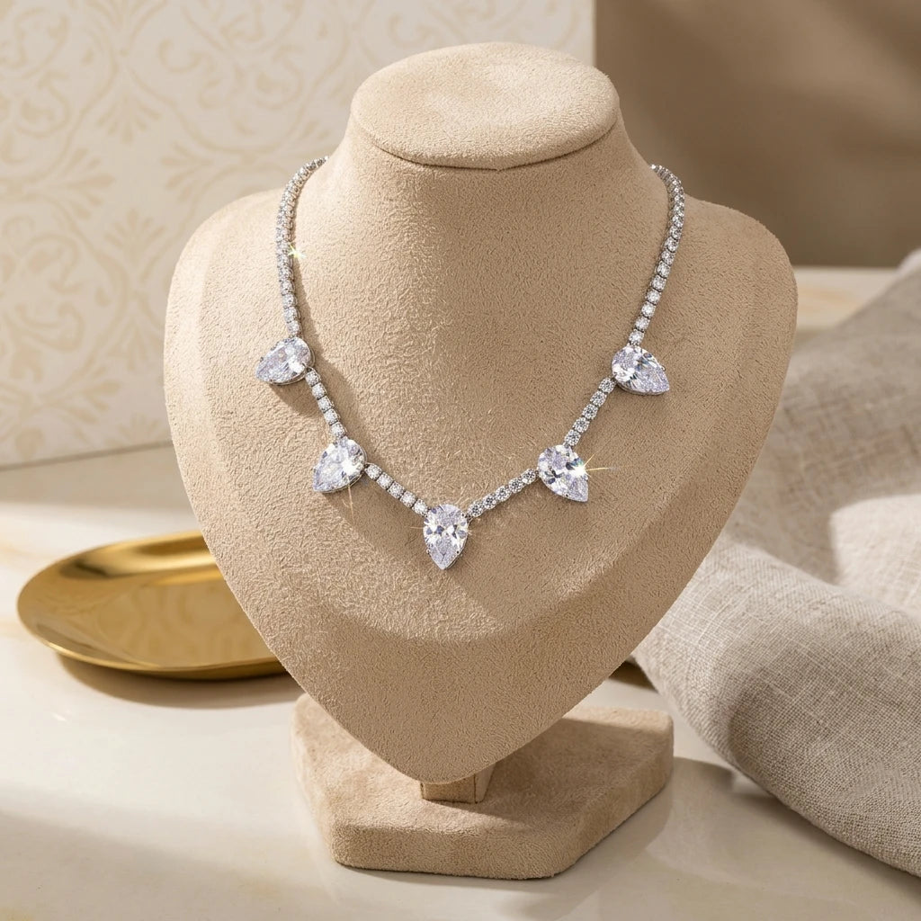 White Rhodium Plated Tennis 5 Zirconia Drops Necklace