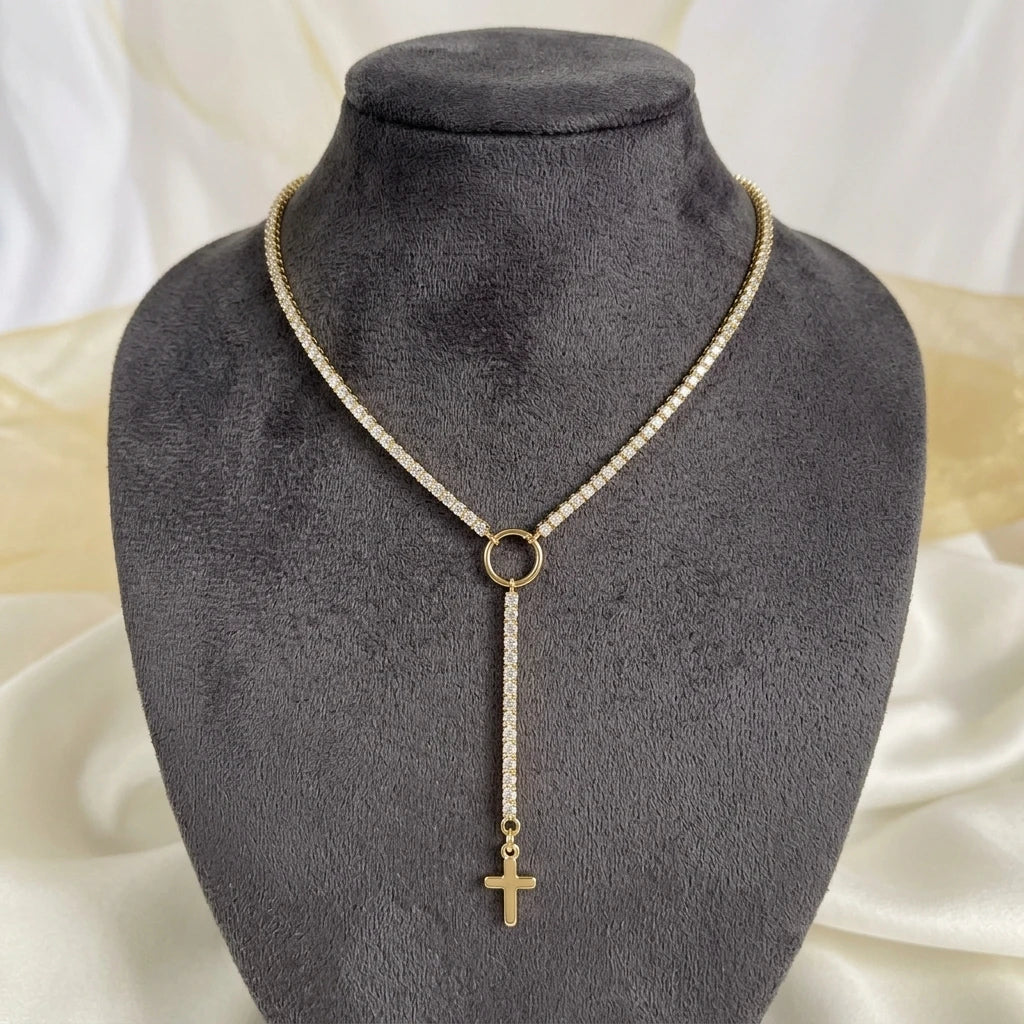 Small Cross Catholic in Tennis Necklace - 18K Gold Plated