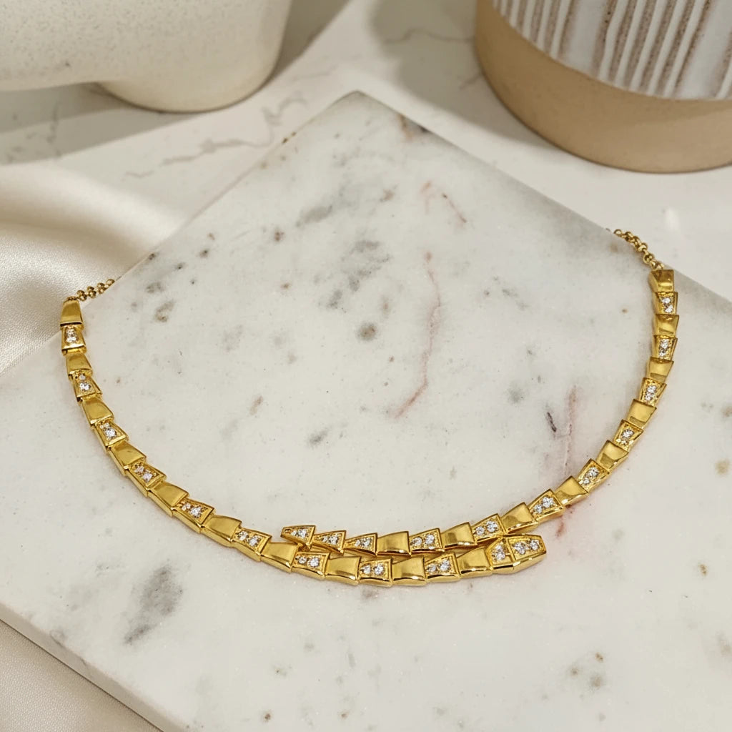 Rigid Serpent Studded Zirconia Necklace - 18K Gold Plated