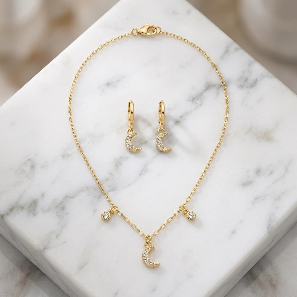 Delicate Moon Kids Set - Earrings and Necklace - 18K Gold Plated