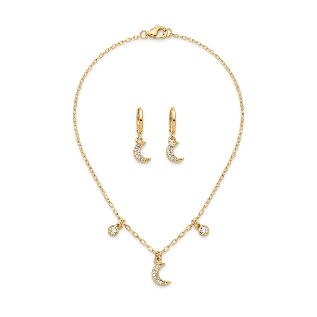 Delicate Moon Kids Set - Earrings and Necklace - 18K Gold Plated