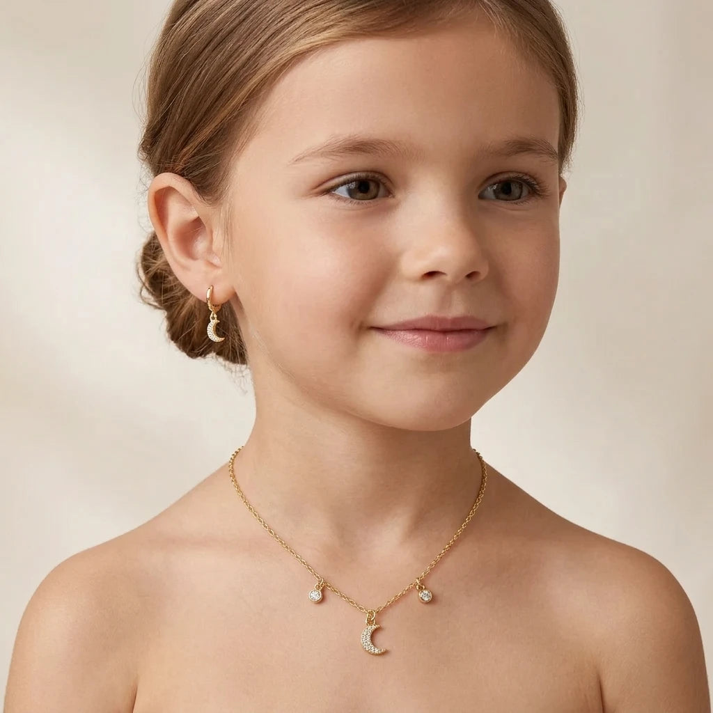 Delicate Moon Kids Set - Earrings and Necklace - 18K Gold Plated