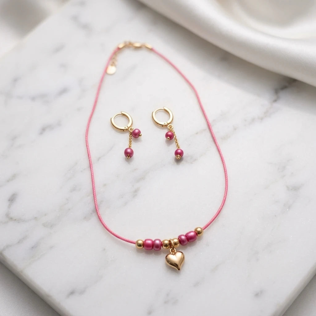 Delicate Pink Beaded kids Set - Earrings and Necklace - 18K Gold Plated