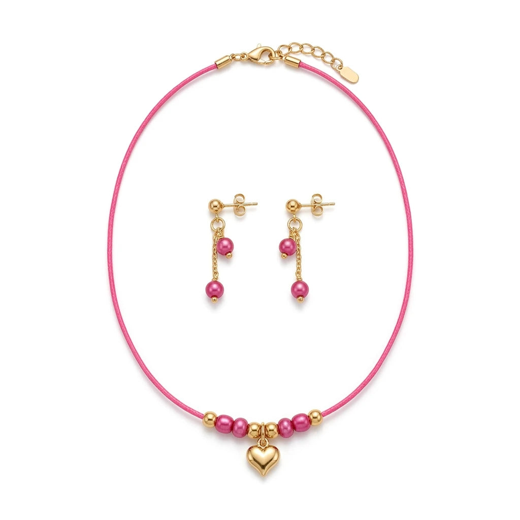 Delicate Pink Beaded kids Set - Earrings and Necklace - 18K Gold Plated