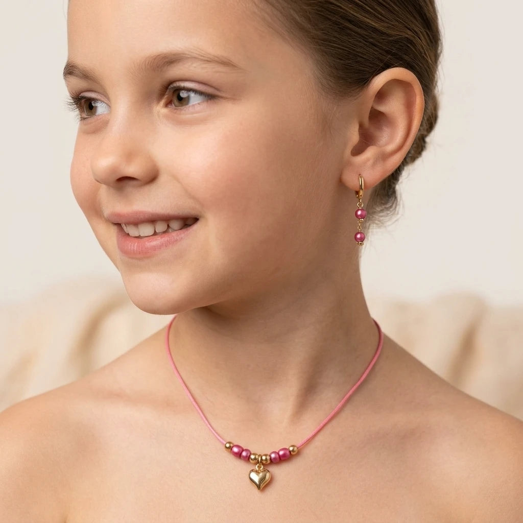Delicate Pink Beaded kids Set - Earrings and Necklace - 18K Gold Plated