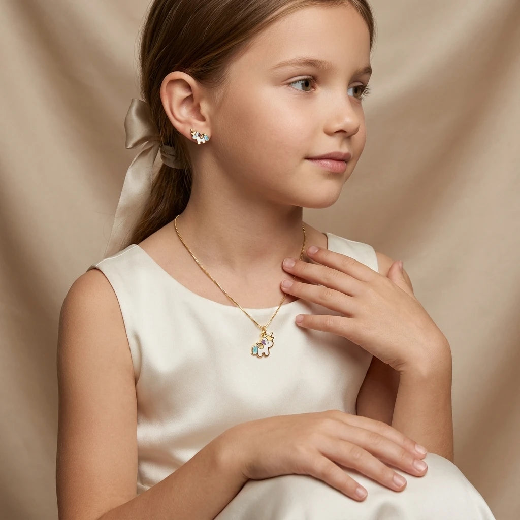 Delicate Unicorn Kids Set - Earrings and Necklace - 18K Gold Plated