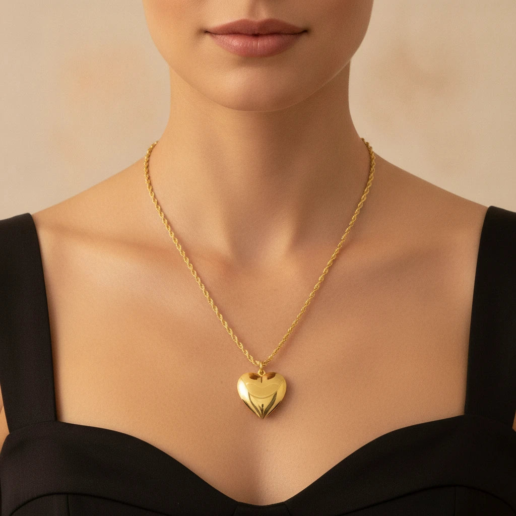 Reliquary Heart in Rope Chain Necklace - 18K Gold Plated