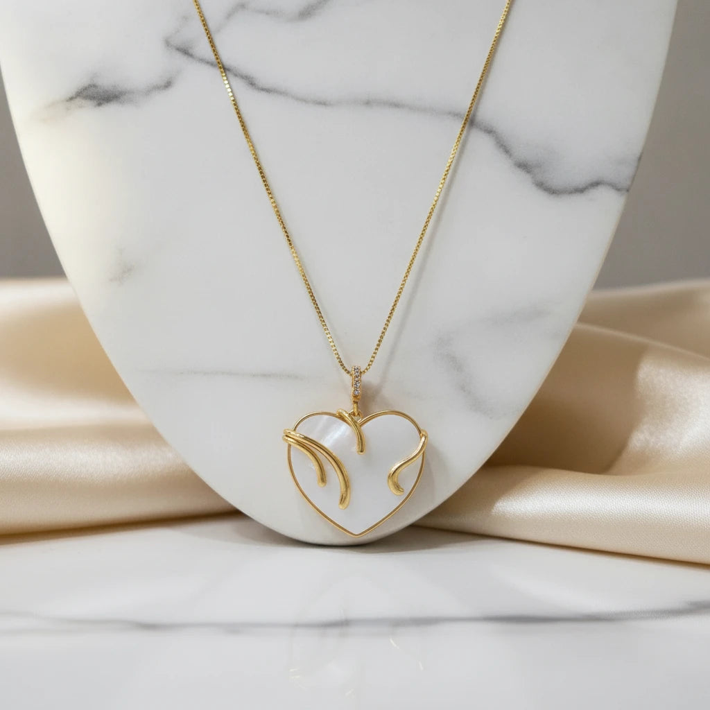 White Heart Pendant Necklace - 18K Gold Plated