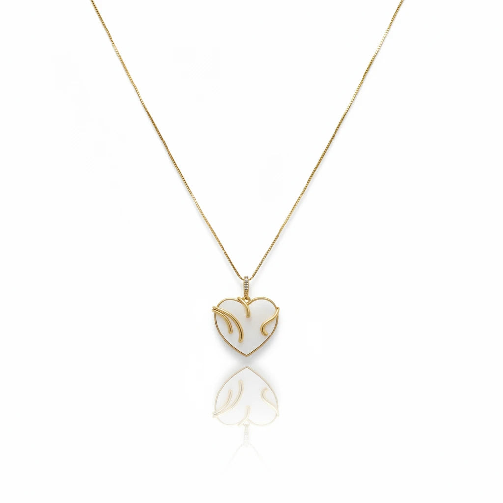 White Heart Pendant Necklace - 18K Gold Plated
