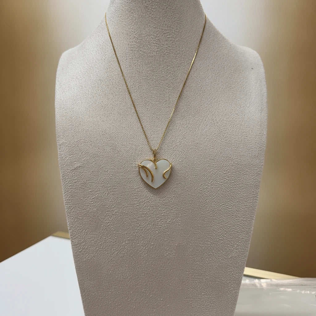 White Heart Pendant Necklace - 18K Gold Plated