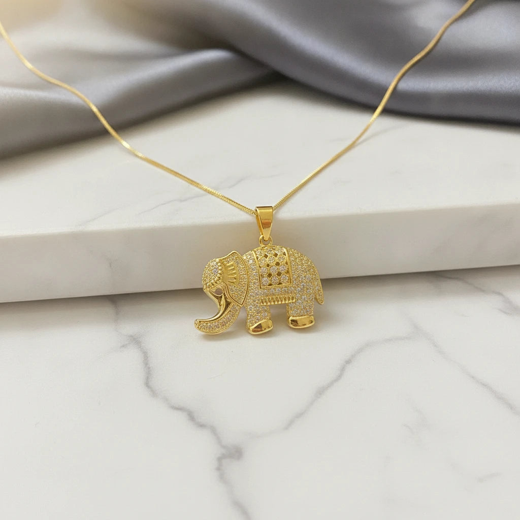 Studded Elephant Pendant Necklace - 18K Gold Plated