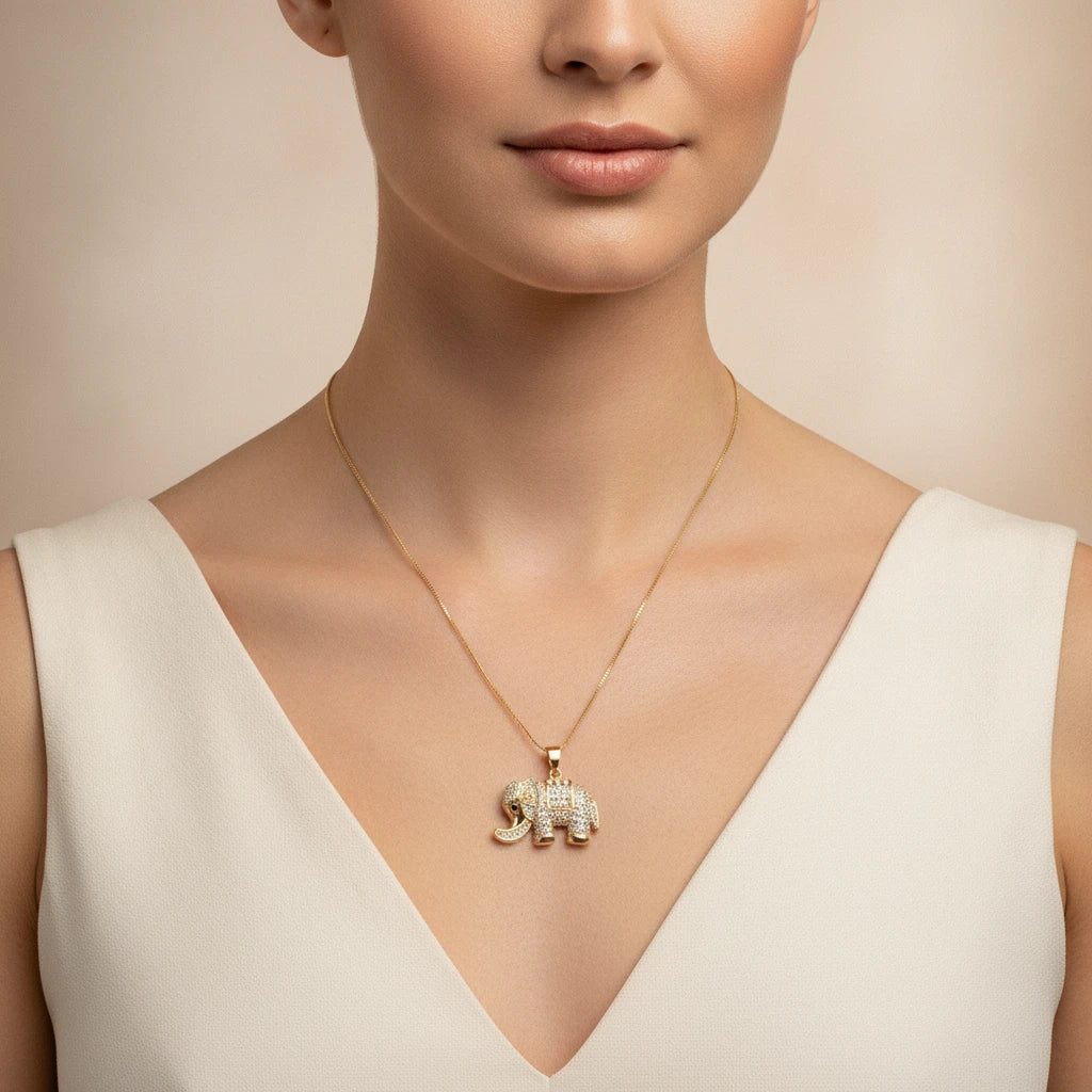 Studded Elephant Pendant Necklace - 18K Gold Plated