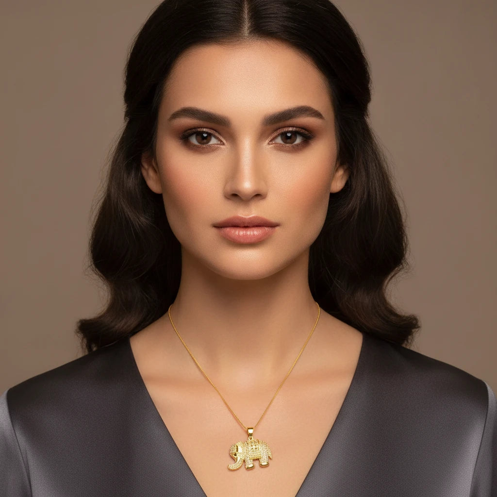 Studded Elephant Pendant Necklace - 18K Gold Plated